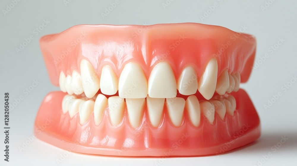 Highlighting its design and craftsmanship, the dental prosthesis is displayed on a pristine white background Highlighting its design and craftsmanship, the dental prosthesis is displayed on a pristine white background