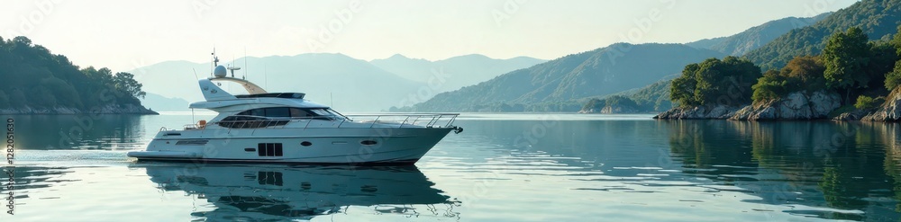 Yacht anchored in the calm waters of a lake within a marina, vessel, tranquility Yacht anchored in the calm waters of a lake within a marina, vessel, tranquility