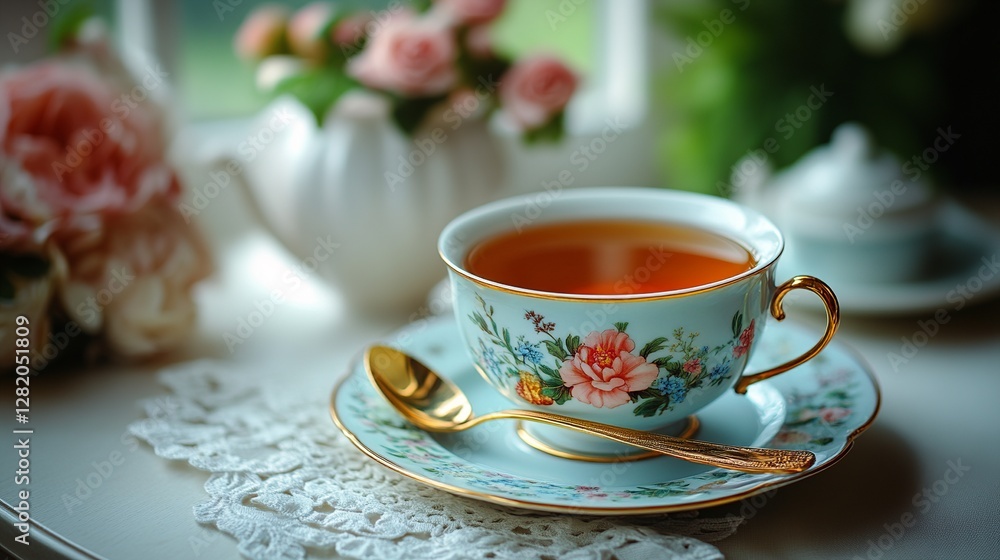 Darjeeling tea set, served in fine china, a gold spoon resting on the saucer Darjeeling tea set, served in fine china, a gold spoon resting on the saucer