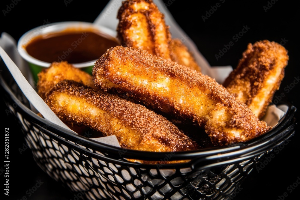 Delicious cinnamon sugar churros with chocolate dip in black basket Delicious cinnamon sugar churros with chocolate dip in black basket