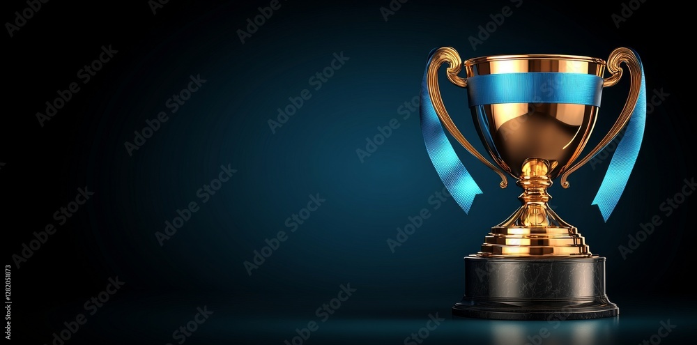 Business and competition concept with a golden trophy and streamers on a blue background Business and competition concept with a golden trophy and streamers on a blue background