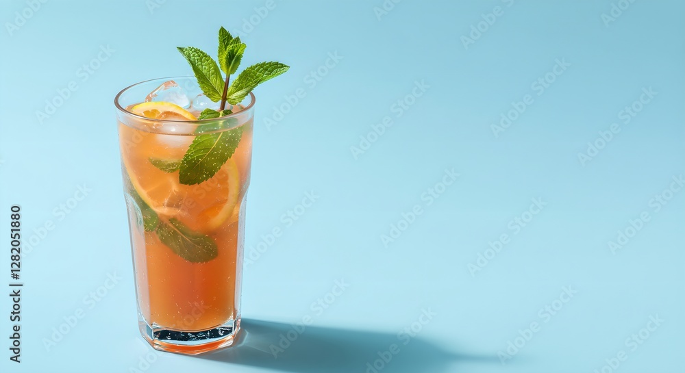 Refreshing iced tea with mint leaves in tall glass on blue background. Summer drink, cocktail recipe, cooling beverage. Healthy hydration, copy space