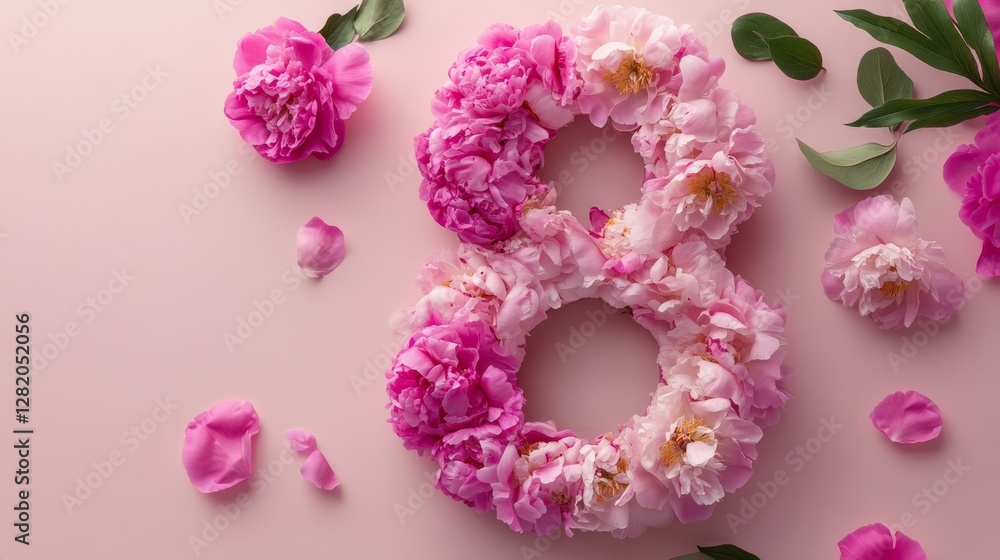 A beautiful arrangement of flowers outlines the number eight on a tender pink background for a special event A beautiful arrangement of flowers outlines the number eight on a tender pink background for a special event