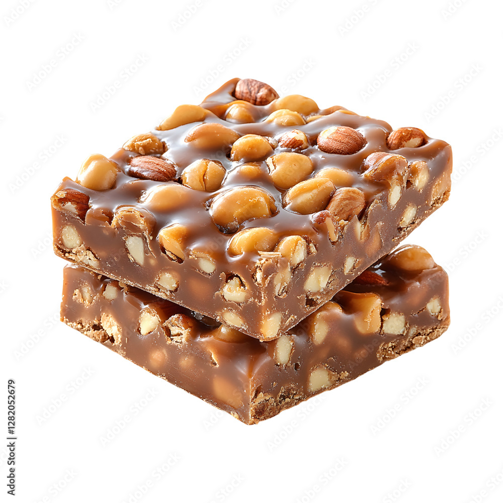 Peanut Caramel Bars Stacked with Chocolate Isolated on Transparent Background
