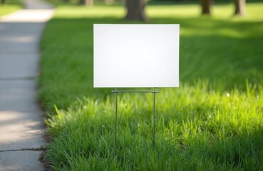 Blank white yard sign stands on vibrant green lawn near sidewalk. Empty space for advertising, marketing, informational messages. Sunny summer day in park. Ideal for political campaign promotion real