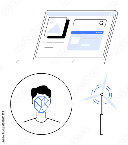 Laptop with web interface, face scan with recognition grid, wind turbine for green energy. Ideal for tech, AI, sustainability, facial ID, innovation internet clean power. Abstract line flat