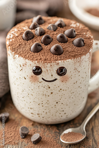 Cute smiling coffee cup with chocolate chips and cocoa powder topping