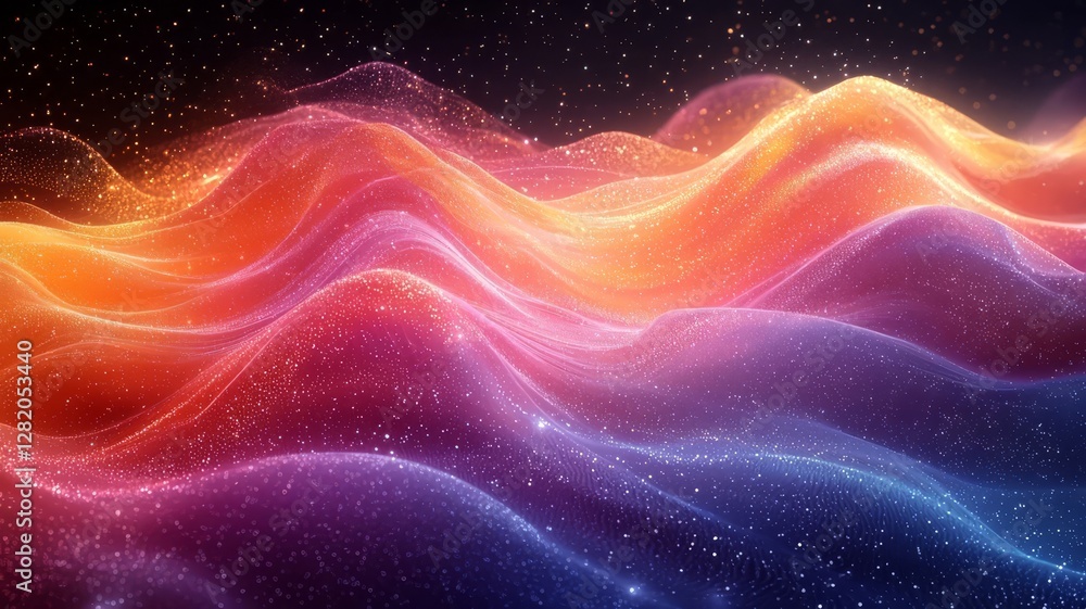 Fototapeta premium Vibrant abstract waves of orange and purple light, creating a mesmerizing flow against a starry backdrop, perfect for tech and creative themes.