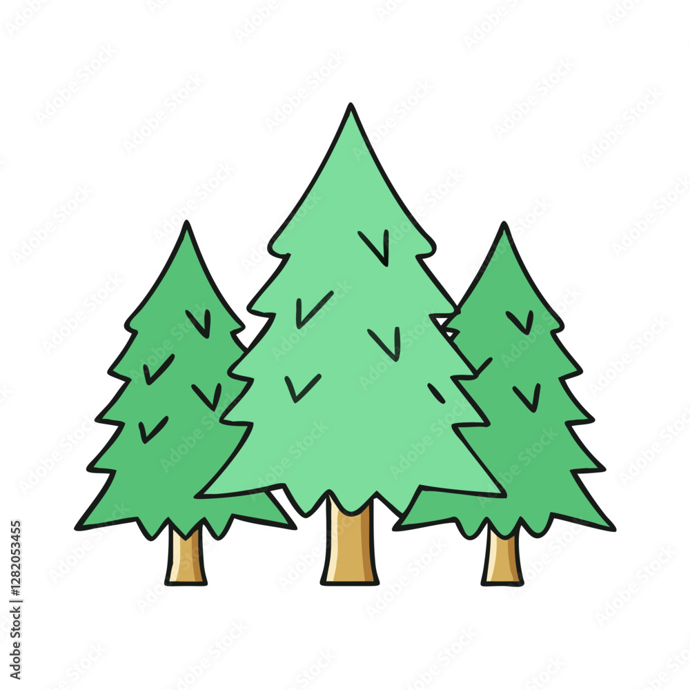 Obraz premium Cartoon pine trees vector illustration - Simple vector illustration of three cartoon pine trees with green foliage and brown trunks, isolated on a white background. 