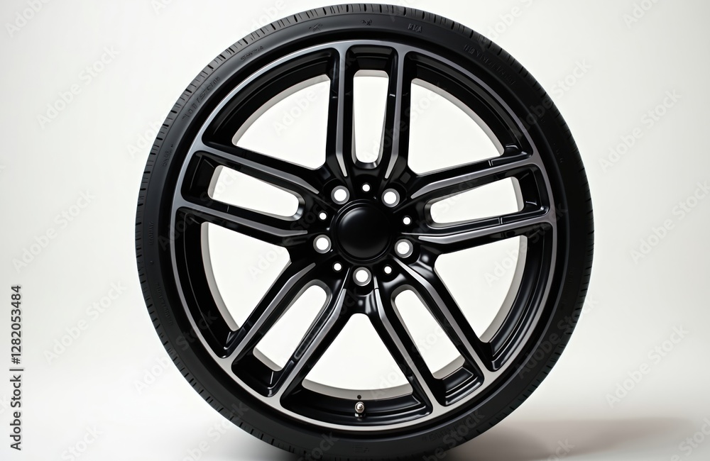 Fototapeta premium Isolated racing car alloy wheel on white background. Auto wheel disc with tyre, aluminium rim. Shiny modern transportation, vehicle part. Sport industry, transport concept design element.