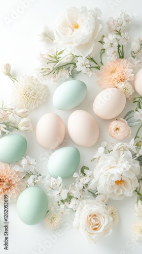 Pastel-colored eggs and white flowers arranged aesthetically on a light background, creating a soft, serene, and elegant composition