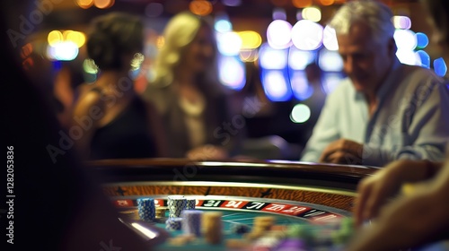 Wallpaper Mural A bustling casino scene with a close-up of a roulette wheel, players in the background, and vibrant lights creating an exciting atmosphere Torontodigital.ca
