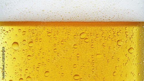 A close-up of a beer glass showing the foam head and bubbles in the golden liquid, highlighting the texture and effervescence of the beverage