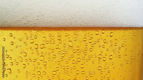 A close-up of a beer glass showing the foam head and bubbles in the golden liquid, highlighting the texture and effervescence of the beverage