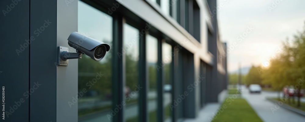 IP CCTV camera on modern building outdoor. Security system installation, electronic protection service for office, home safety. Surveillance tech equipment monitors outdoor area providing building IP CCTV camera on modern building outdoor. Security system installation, electronic protection service for office, home safety. Surveillance tech equipment monitors outdoor area providing building