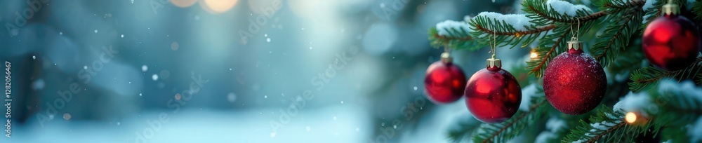 Blue winter scene with bokeh of a fir branch holding red and green ornaments, winter, Red Blue winter scene with bokeh of a fir branch holding red and green ornaments, winter, Red
