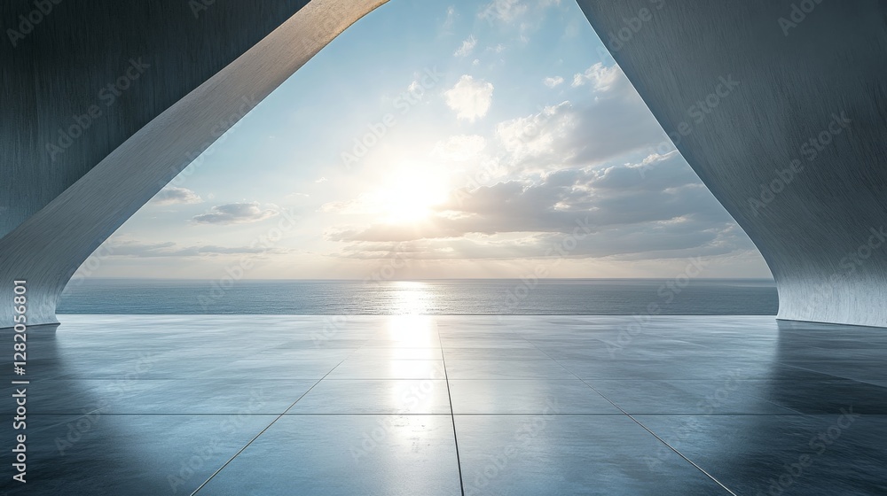 Tranquil Seascape: A minimalist architectural scene where sunlight illuminates a corridor, unveiling a mesmerizing ocean view that inspires calmness and reflection Tranquil Seascape: A minimalist architectural scene where sunlight illuminates a corridor, unveiling a mesmerizing ocean view that inspires calmness and reflection