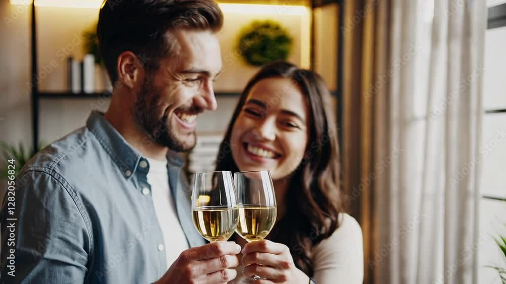 Young cheerful couple is celebrating moving into new home, toasting with glasses of white wine, laughing and enjoying each other's company in slow motion Young cheerful couple is celebrating moving into new home, toasting with glasses of white wine, laughing and enjoying each other's company in slow motion