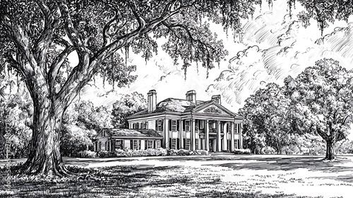 Pen and ink drawing of a country house and towering willow tree, finely detailed branches and leaves with shaded areas creating depth, soft sunlight coming from the left side, serene and reflective