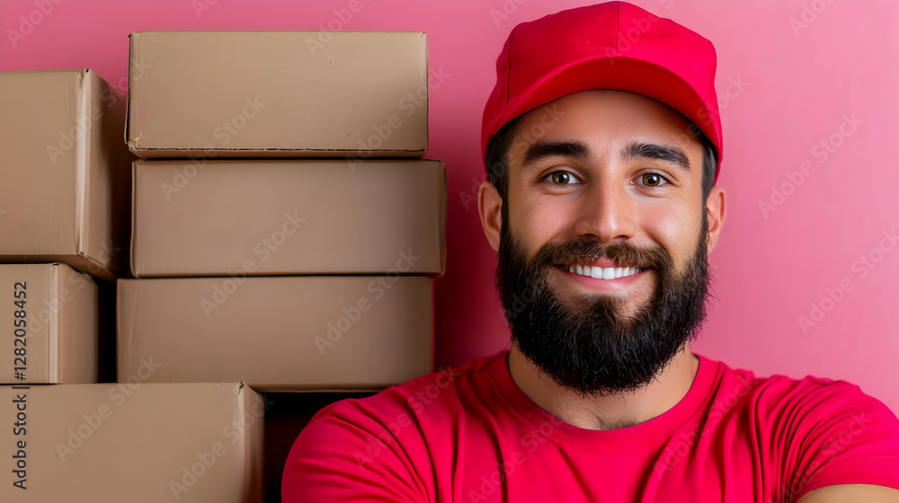 Happy delivery man with packages, pink background, online shopping Happy delivery man with packages, pink background, online shopping