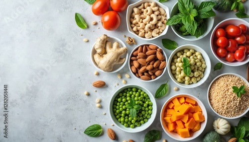 Wallpaper Mural Flat lay of healthy food choices, promote balanced diet. Includes ginger, tomatoes, cashew, almonds, peas, pumpkin, basil. Healthy lifestyle concept, nutrients for dietary intake, good caloric value. Torontodigital.ca