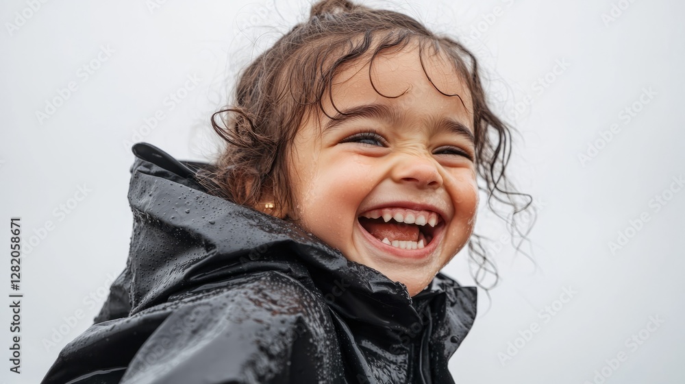 A young child is seen laughing joyfully, captured from behind under a black umbrella, creating a dynamic sense of motion in the foreground. A young child is seen laughing joyfully, captured from behind under a black umbrella, creating a dynamic sense of motion in the foreground.