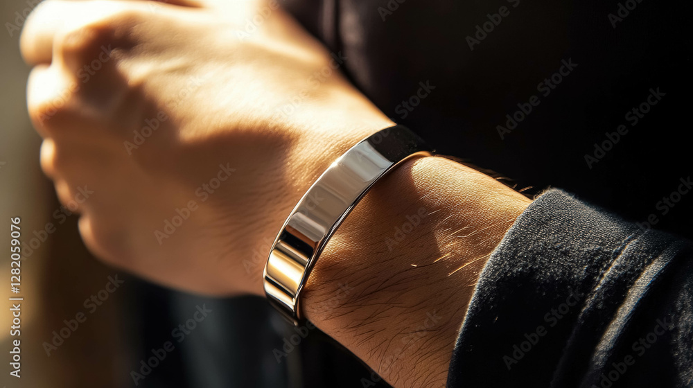 Obraz premium Polished Silver Cuff Bracelet on a Man's Wrist, Elegant and Modern Jewelry for Sophisticated Style Enthusiasts. Modern Silver Jewelry polished, silver, cuff, bracelet, man, wrist, elegant, modern, jew