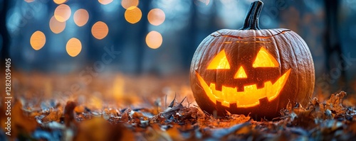 Halloween pumpkin lantern smiling in the forest at night