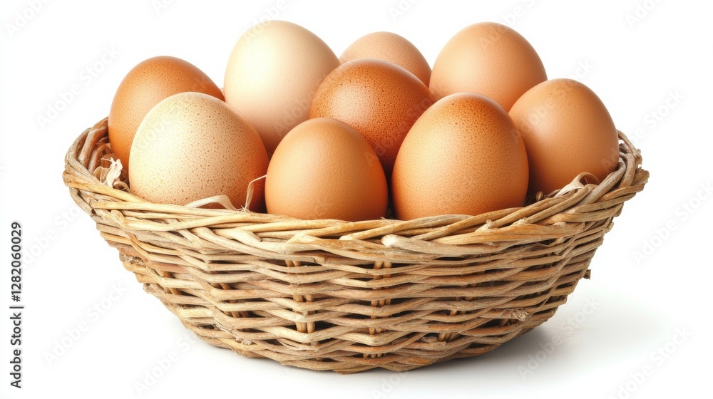 Freshly gathered brown and white eggs in a rustic basket ready for cooking or baking in a cozy kitchen setting Freshly gathered brown and white eggs in a rustic basket ready for cooking or baking in a cozy kitchen setting