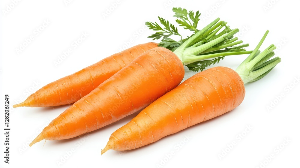 Freshly Harvested Carrots with Vibrant Green Tops on White Background Freshly Harvested Carrots with Vibrant Green Tops on White Background