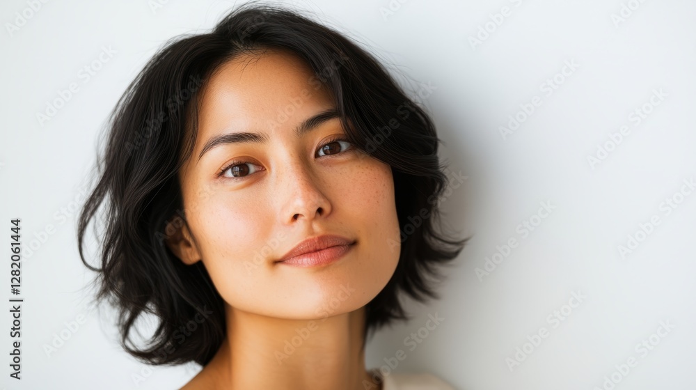 Woman poses for portrait against plain background. Woman poses for portrait against plain background.