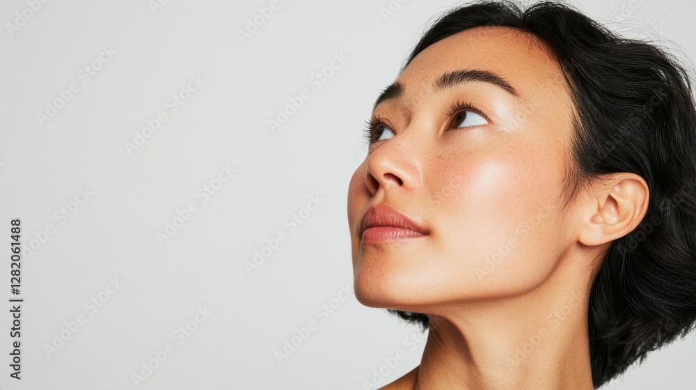 Side view portrait of a beautiful woman posing against a light background. Side view portrait of a beautiful woman posing against a light background.