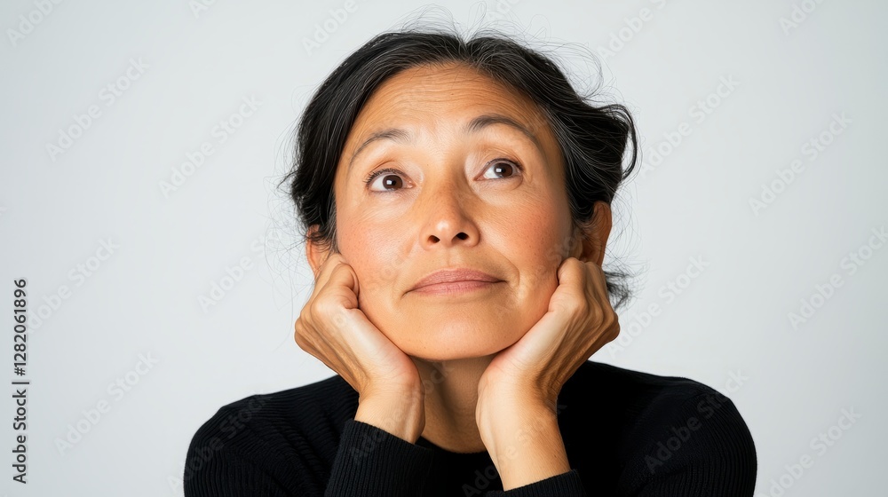 Woman with hand over face, looking down with a thoughtful expression. Woman with hand over face, looking down with a thoughtful expression.