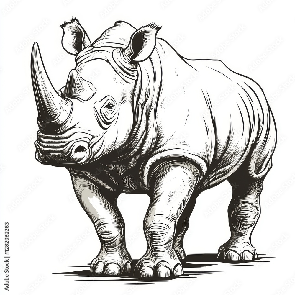 Fototapeta premium Majestic Rhino Drawing: An elaborate pencil sketch of a rhinoceros, capturing its powerful aura and detailed characteristics, as it stands majestically on a grassy patch