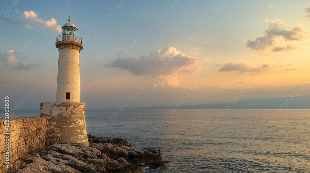 Historic lighthouse standing on rocky shore, illuminated by warm sunset over calm sea waters. Historic lighthouse standing on rocky shore, illuminated by warm sunset over calm sea waters.