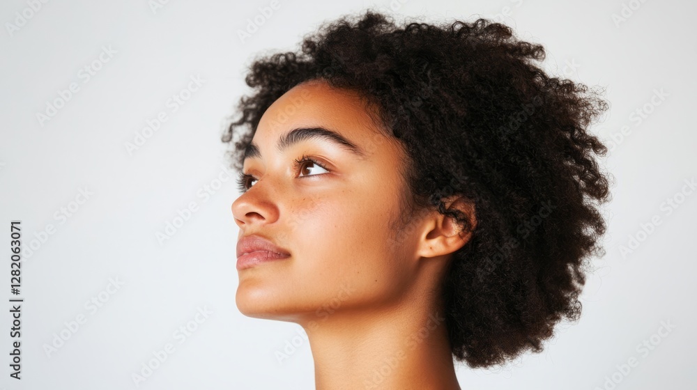The image shows a person with an Afro hairstyle, wearing a short-sleeved top, captured from the chest up against a neutral background. The image shows a person with an Afro hairstyle, wearing a short-sleeved top, captured from the chest up against a neutral background.