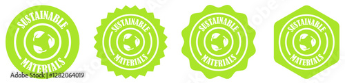 Sustainable materials label set on white background. Sustainable materials badge icon. Recycling label with leaf. Leaf logo for packaging. Vector illustration