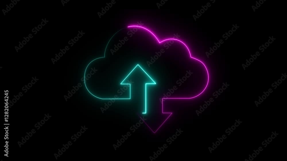 Glowing neon cloud storage with arrows, looped animation. Cloud space and technology, data backup icon. Cloud computing glowing neon Glowing neon cloud storage with arrows, looped animation. Cloud space and technology, data backup icon. Cloud computing glowing neon