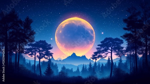 A serene mountain landscape features the night sky illuminating calm hills and pine trees