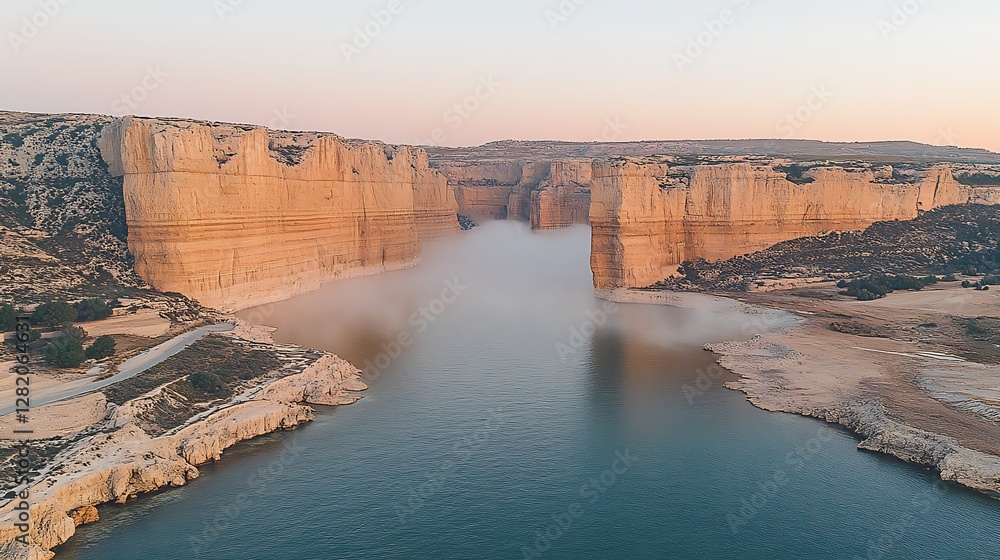 A peaceful lake surrounded by towering cliffs, with morning mist hovering above the still water A peaceful lake surrounded by towering cliffs, with morning mist hovering above the still water