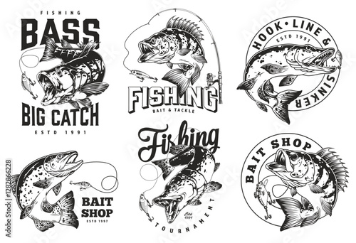 Creative illustrations of fishing themes with bass