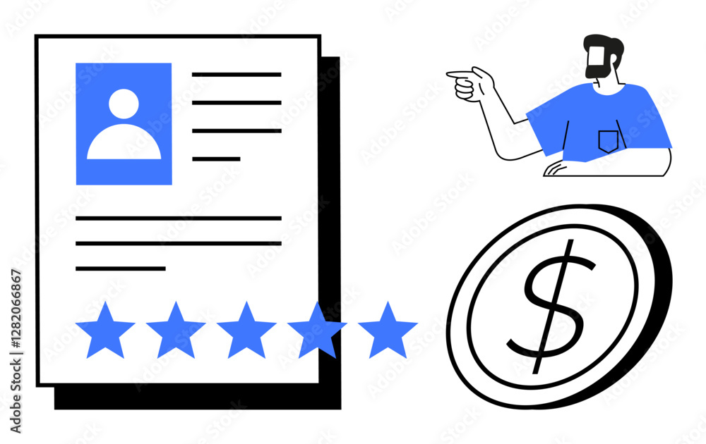 Document with personal information, star rating, person pointing, and dollar coin. Ideal for job applications, performance reviews, employee evaluations, salary discussions, quality assessment Document with personal information, star rating, person pointing, and dollar coin. Ideal for job applications, performance reviews, employee evaluations, salary discussions, quality assessment
