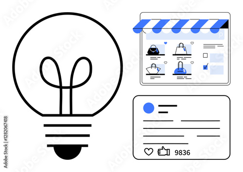 Light bulb representing innovative ideas next to an online shopping storefront and a social media post with thumbs ups and comments. Ideal for e-commerce, social media marketing, business growth