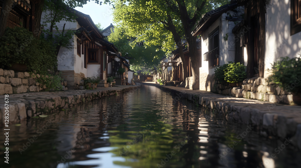 A Peaceful Canal Surrounded by Traditional Houses A Peaceful Canal Surrounded by Traditional Houses