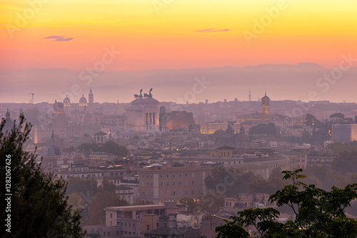 Photography Vibrant sunrise over the city of Rome seen from the Terrazza del Gianicolo and Piazzale Giuseppe Garibaldi