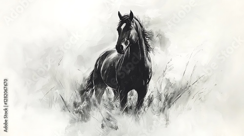 Pen and ink sketch of a horse standing in the middle of a field, highly detailed textures of the fur and blades of grass, subtle light creating a delicate glow around the horse, calm and natural mood