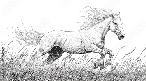Pen and ink drawing of a horse galloping across a windy field, detailed lines on the horse body and mane, grass bending under the force of the wind, bright natural light casting dynamic shadows