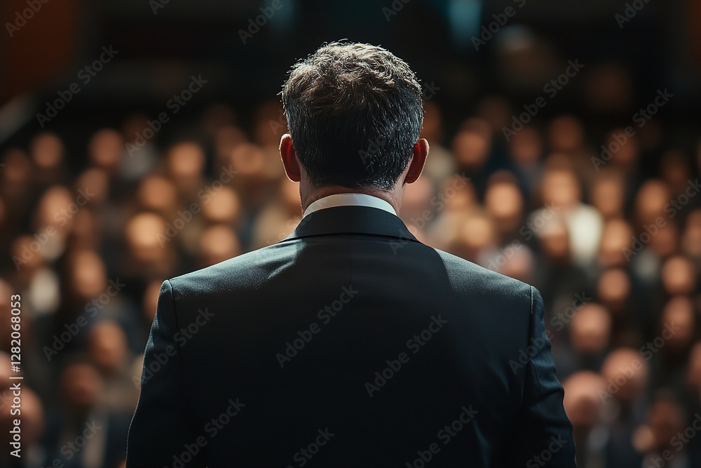Speaker in a Dark Suit Facing a Large Audience, Rear Perspective – Isolated on White or Transparent Background Speaker in a Dark Suit Facing a Large Audience, Rear Perspective – Isolated on White or Transparent Background