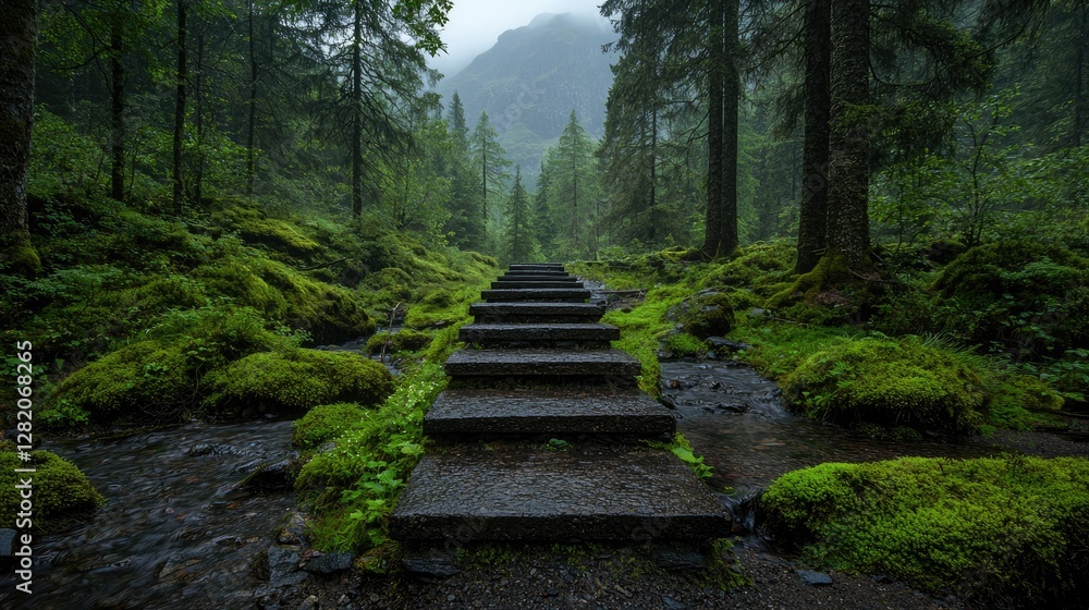 Forest Steps Path Leading Up Mountain in Rainy Weather Forest Steps Path Leading Up Mountain in Rainy Weather