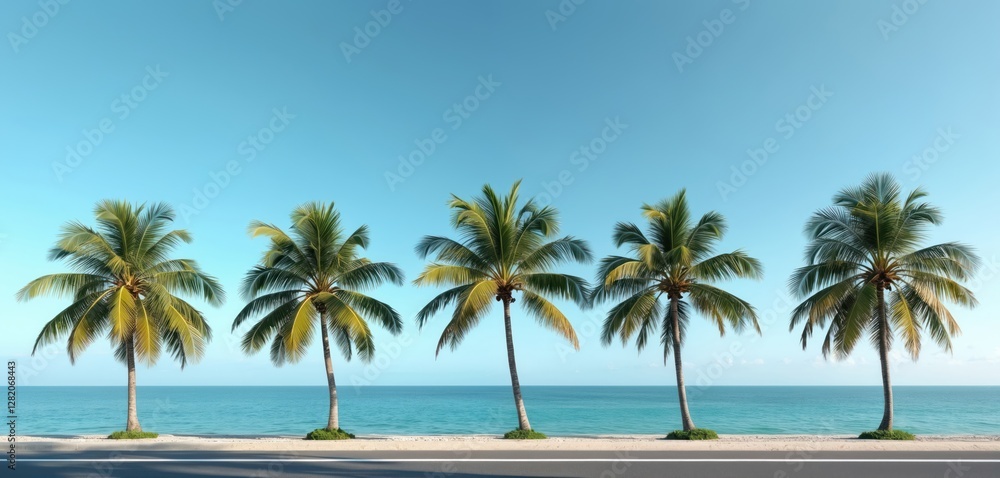 Line of palm trees alongside the road under bright blue sky and turquoise sea water. Coastal scenery offers a serene view of tropical island. Summer vacation background with coconut trees and highway. Line of palm trees alongside the road under bright blue sky and turquoise sea water. Coastal scenery offers a serene view of tropical island. Summer vacation background with coconut trees and highway.